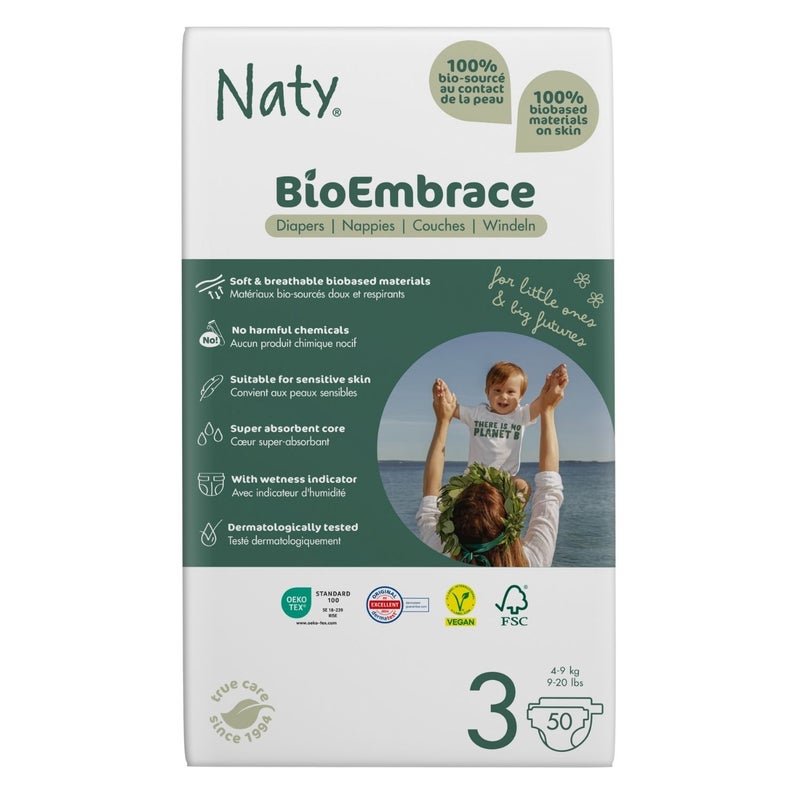 Naty BioEmbrace Baby Diapers Size 3 (4-6 kg),100% Biobased on Skin, Plant-Based Softness, Dermatologically Tested and Super Absorbent, Pack of 50 - Image 1